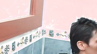 Skinny Latino twinks bareback and cum while showering