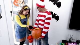 Young brunette babe pounded hardcore in her geeky costume