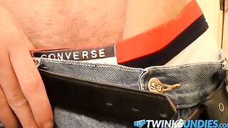 Solo twink Billy Da Kidd teases his cock and cums in undies