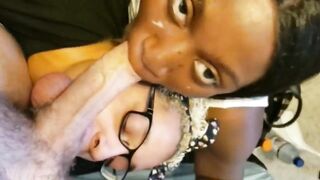 2 african girls blows long white penis