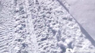 Hottie stepmom shows jugs and pees into snow
