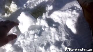 Hottie stepmom shows jugs and pees into snow