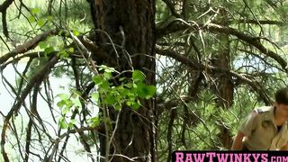 Sweet twinks who work as park rangers fuck raw in the woods