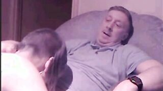 Old Guy Receives Blowjob From Young Skinhead Girl On Webcam