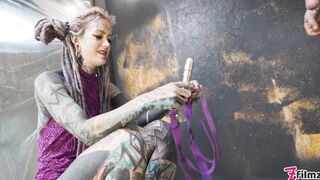 Alt dominatrix pegging tattooed worker