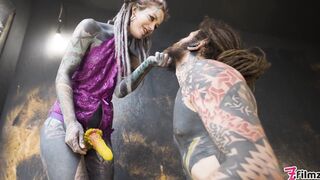 Alt dominatrix pegging tattooed worker