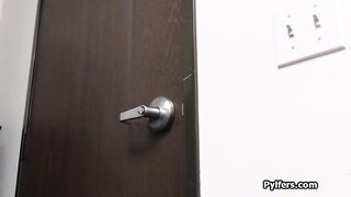 Handcuffed brunette looks forward to dicking
