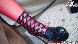 Chubby German ex-wife tries first 3 way with a housewife