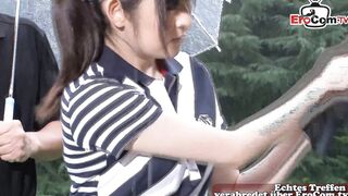 Japanese unshaved 18 yo experiences her first cumshot gang bang