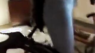 Angela dangles from the ceiling and whipped