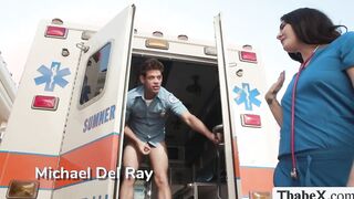 Ambulance driver bareback fucks shemale nurse
