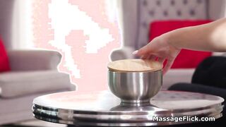 Masseuse slides on dick with oily beautiful pussy