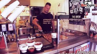 Influencer having a three-hole plowed into a currywurst stall