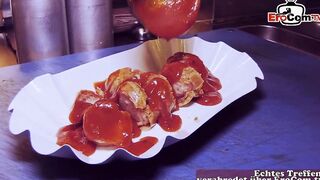 Influencer having a three-hole plowed into a currywurst stall