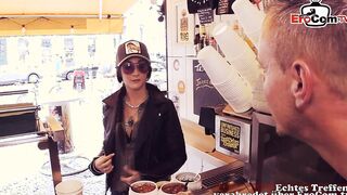 Influencer having a three-hole plowed into a currywurst stall