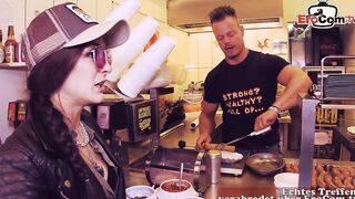 Influencer having a three-hole plowed into a currywurst stall