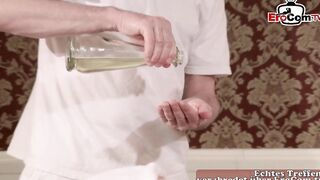 Oiled blonde Mara Para having a sex strokes