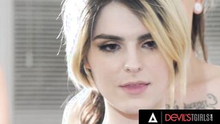 DEVILS TGIRLS - beauty Tgirl Sandwich With 3 Beauties Who Taking Turns Getting Her Booty Boned