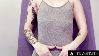 TRANSFIXED - Shemale Yoga Instructor Emma Rose Sneaky Rough Fucks Doggy Style Jewelz Blu During A Class