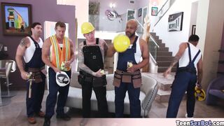 Extra small and cute teen first gangbang