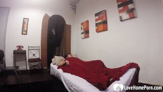 Lusty stepsister masturbates on her brother's bed