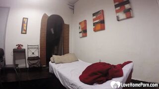 Lusty stepsister masturbates on her brother's bed