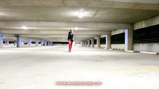 blonde inside leather leggings and red leather boots