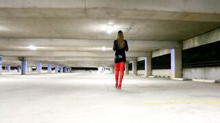 blonde inside leather leggings and red leather boots