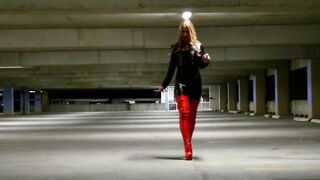 blonde inside leather leggings and red leather boots