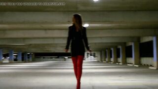 blonde inside leather leggings and red leather boots