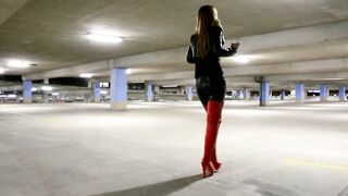 blonde inside leather leggings and red leather boots