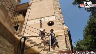 Dark Haired and blonde lesbians having sex into the garden