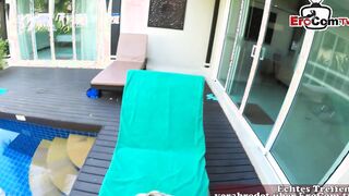 Sex at the pool with a voluptuous young woman inside a bikini