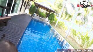 Sex at the pool with a voluptuous young woman inside a bikini