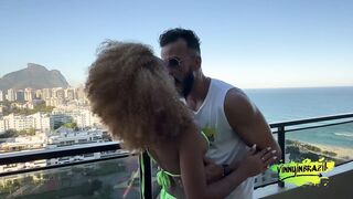 Naughty brunette seduced by porn actor on deserted beach!