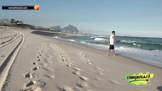 Naughty brunette seduced by porn actor on deserted beach!