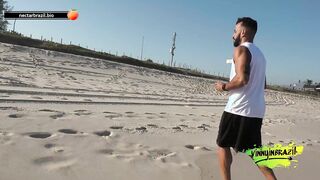 Naughty brunette seduced by porn actor on deserted beach!