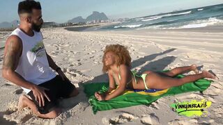 Naughty brunette seduced by porn actor on deserted beach!