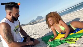 Naughty brunette seduced by porn actor on deserted beach!