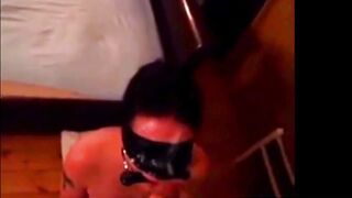 Submissive Brunette Blindfolded And Gagged Before Being Covered In Cum