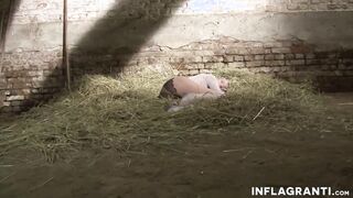 Sub inside fishnets gets foot cumshot inside the barn