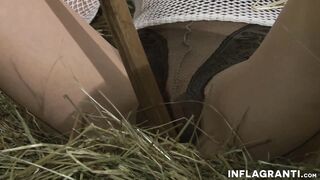 Sub inside fishnets gets foot cumshot inside the barn