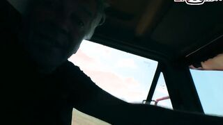 Young hitchhiker fuck by mature dude public