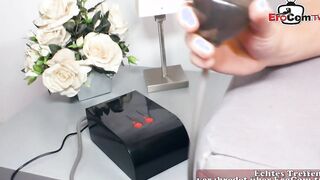 Older woman wearing glasses tests dick pump on dude