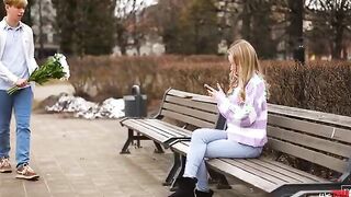 Justin meets Mirka public with a bouquet of flowers. Their relationship may be new, but Mirka is certainly charmed. She guides him back to her place, where she crawls in Justin's lap for a kiss. Feeling how rough Justin is already, Mirka decides to slip
