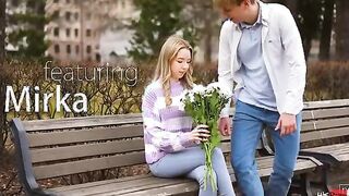 Justin meets Mirka public with a bouquet of flowers. Their relationship may be new, but Mirka is certainly charmed. She guides him back to her place, where she crawls in Justin's lap for a kiss. Feeling how rough Justin is already, Mirka decides to slip