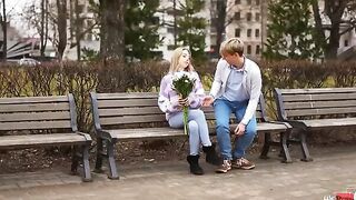 Justin meets Mirka public with a bouquet of flowers. Their relationship may be new, but Mirka is certainly charmed. She guides him back to her place, where she crawls in Justin's lap for a kiss. Feeling how rough Justin is already, Mirka decides to slip
