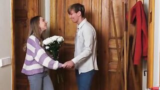 Justin meets Mirka public with a bouquet of flowers. Their relationship may be new, but Mirka is certainly charmed. She guides him back to her place, where she crawls in Justin's lap for a kiss. Feeling how rough Justin is already, Mirka decides to slip