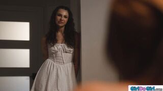 Coed joins milf lesbian couple to learn