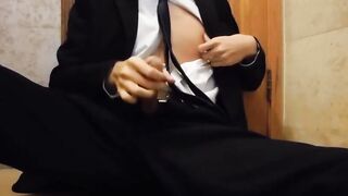Bareback Student in the WC Takes a Cum Tribute Handjob